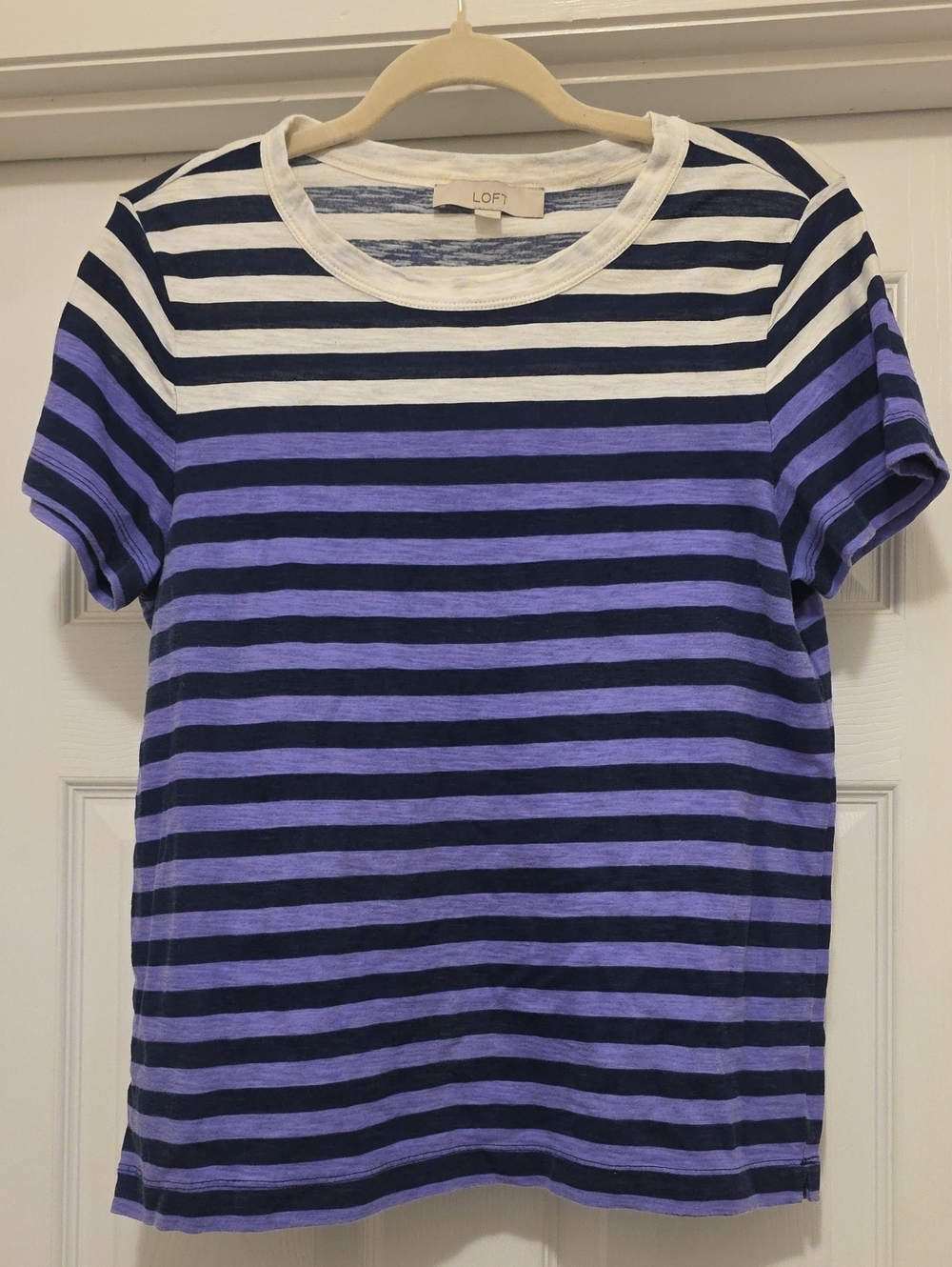 LOFT Navy and Purple Striped Short Sleeve Tee